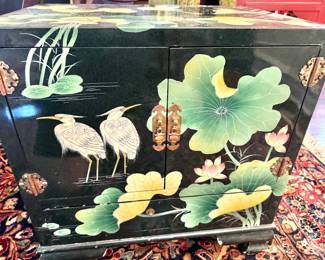 Chinese Black Lacquer Lotus & Heron Painted Cabinet with Brass Hardware