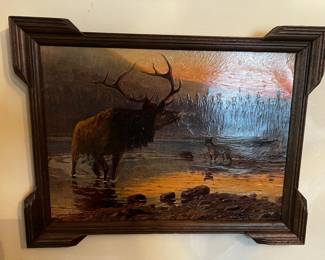 Original oil on cardboard painting primitive American folk art