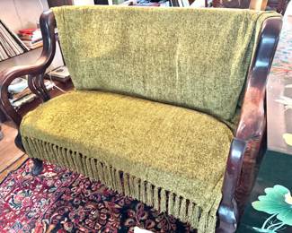 Empire Mahogany Paw Foot Settee with Olive Chenille Throw