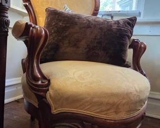 Victorian Balloon Back Walnut Parlor Armchair with Damask Upholstery