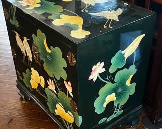 Chinese Black Lacquer Lotus & Heron Painted Cabinet with Brass Hardware