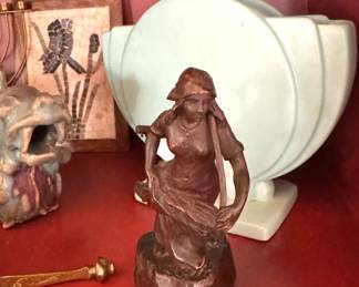 Art Nouveau Style Bronze Finish Maiden Sculpture on Natural Stone Base