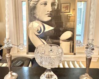 Weighted Silver Candlesticks, Classical Bust Photograph / Print, Pressed Glass Pedestal Compote Centerpiece Bowl
