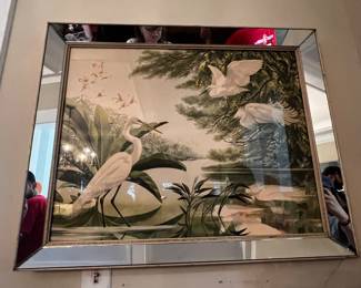1940' John James Audubon Style Egret Marsh Landscape Print in Beveled Mirror Frame, 24 x 32