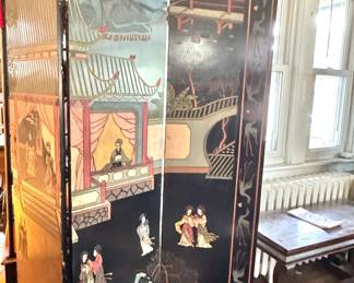 Asian Woodblock Style Six-Panel Folding Screen Room Divider