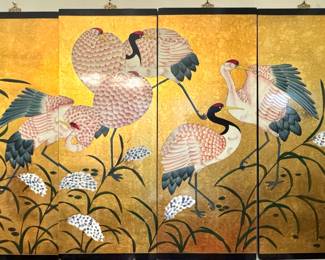 Japanese Four-Panel Crane Screen, Gold Leaf Style Folding Wall Screen, 56" x 36"