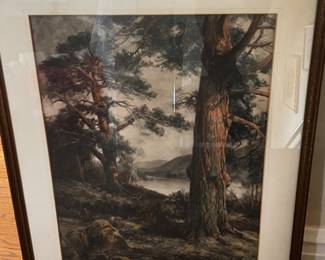 Framed Woodland Landscape Print with Lake View
