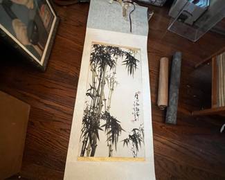 Vintage Hand painted Chinese Ink Wash Hanging scroll painting Bamboo (Mozhu) with porcelain roller ends