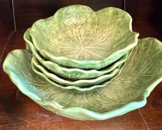 Pottery Barn Green Cabbage Ceramic Serving Bowl & 4 Salad Bowls, 5-Piece Set