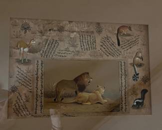 Persian Manuscript Style Lion & Lioness Painting with Calligraphy, Framed