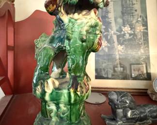 Green Glazed Foo Dog Guardian Lion Ceramic Pedestal Sculpture