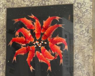 Asian Silk Koi Fish Textile Art in Brocade Mat, Framed
