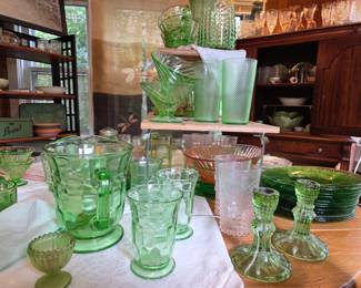 Collection of various uranium glass Hazel Atlas "Colonial Block" and 'Colonial Honeycomb" from 1930