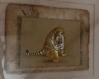 Persian Manuscript Style Tiger Painting with Calligraphy, Framed