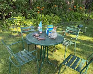 Green Metal Outdoor Patio Dining Set with Round Table, Four Armchairs & Footstool, Garden Bistro Set