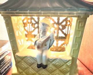 Japanese Ceramic Pagoda TV Lamp with Geisha Musician Figure