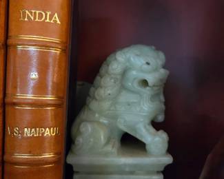 Chinese Celadon Stone Guardian Foo Dog Lion Carving on Plinth