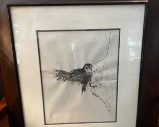 Sumi-e Owl Ink Wash Painting, Signed with Artist's Seal, 21"x17"