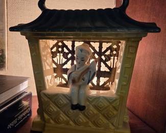 Japanese Ceramic Pagoda TV Lamp with Geisha Musician Figure