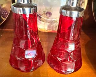 Ruby Red Pressed Glass Salt & Pepper Shakers with Chrome Tops