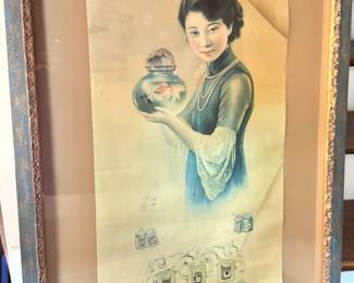 Chinese Shanghai Calendar Girl Advertising Print with Goldfish, Framed