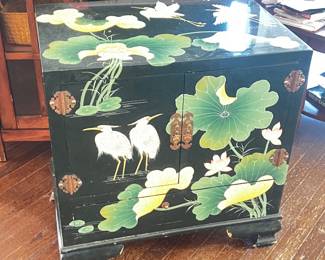 Chinese Black Lacquer Lotus & Heron Painted Cabinet with Brass Hardware