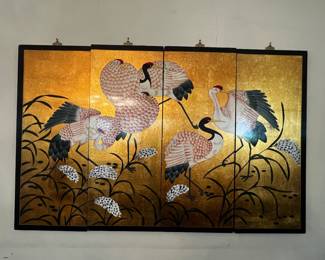 Japanese Four-Panel Crane Screen, Gold Leaf Style Folding Wall Screen, 56" x 36"