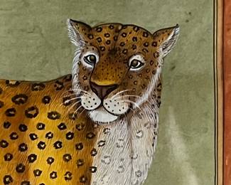 Indian Mughal Style Leopard Miniature Painting, Gilt Frame