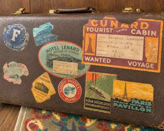 Cunard Ocean Liner Travel Suitcase with Original European Hotel Labels