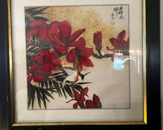 Chinese Magnolia Blossoms & Bird Framed Artwork, 22 x 22