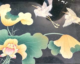Chinese Black Lacquer Lotus & Heron Painted Cabinet with Brass Hardware