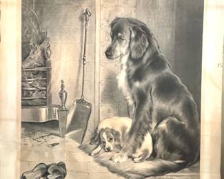 Victorian Dog & Puppy Fireplace Photogravure Collotype Print 1881