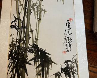 Vintage Hand painted Chinese Ink Wash Hanging scroll painting Bamboo (Mozhu) with porcelain roller ends