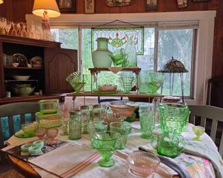 Collection of various uranium glass Hazel Atlas "Colonial Block" and 'Colonial Honeycomb" from 1930