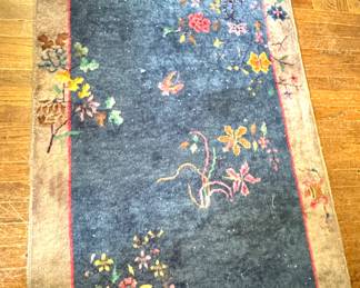 Chinese Art Deco Wool Runner Rug, Navy Floral Peking Style, Estate Sale