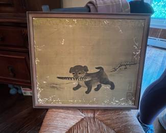 Chinese Puppy on Gold Silk Decorative Painting with Artist Seals, 14"x17"