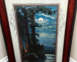Vintage 1920' R Atkinson Fox Campfire Moonlight landscape Print deco frame