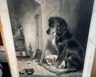 1881 "A Cozy Corner" Steel Engraving After Edwin Douglas,Publisher H.M. the Queen and TRH the prince and Princess of Wales, Victorian Dog Engraving, 33"x27"