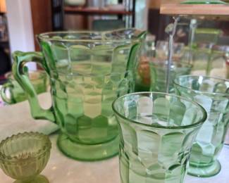 Collection of various uranium glass Hazel Atlas "Colonial Block" and 'Colonial Honeycomb" from 1930