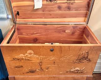 Lane Cedar Hope Chest with Southwestern Desert Scene & Turned Legs, $300