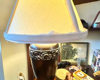 Bronze-Tone Ceramic Table Lamp with Embossed Floral Band & Fabric Shade