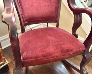 Empire Mahogany Paw Foot Library Rocker in Burgundy Velvet
