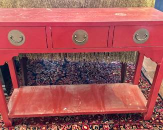 Chinese Red Lacquer Console Table with Brass Ring Pulls & Lower Shelf