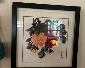 Chinese Floral Watercolor with Calligraphy & Red Seal, Black Frame