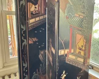Asian Woodblock Style Six-Panel Folding Screen Room Divider