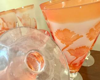 Frosted Orange Etched Floral Art Glass Stemware