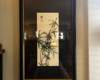 Chinese Bamboo Watercolor with Calligraphy, Black Lacquer Frame, 16" x 10"