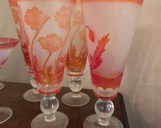 Frosted Orange Etched Floral Art Glass Stemware