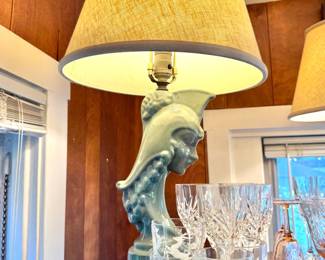 Ceramic Greek Warrior Helmet (Two) Table Lamps (Celadon and Pink)