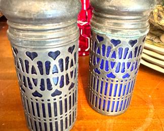 Vintage Arts & Crafts Pewter & Cobalt Blue Glass Salt & Pepper Shakers, Pair